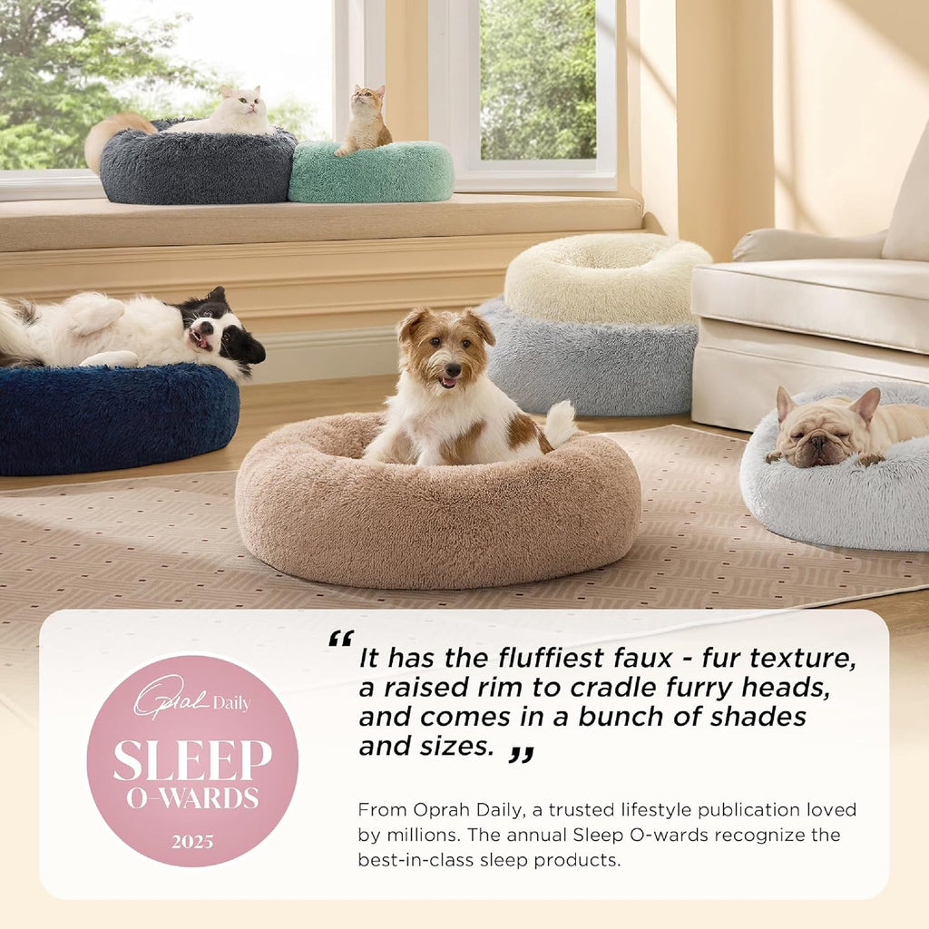 Calming Cat Beds for Indoor Cats - Small Cat Bed Washable 20 Inches, Anti-Slip round Fluffy Plush Faux Fur Pet Bed, Fits up to 15 Lbs Pets, Camel